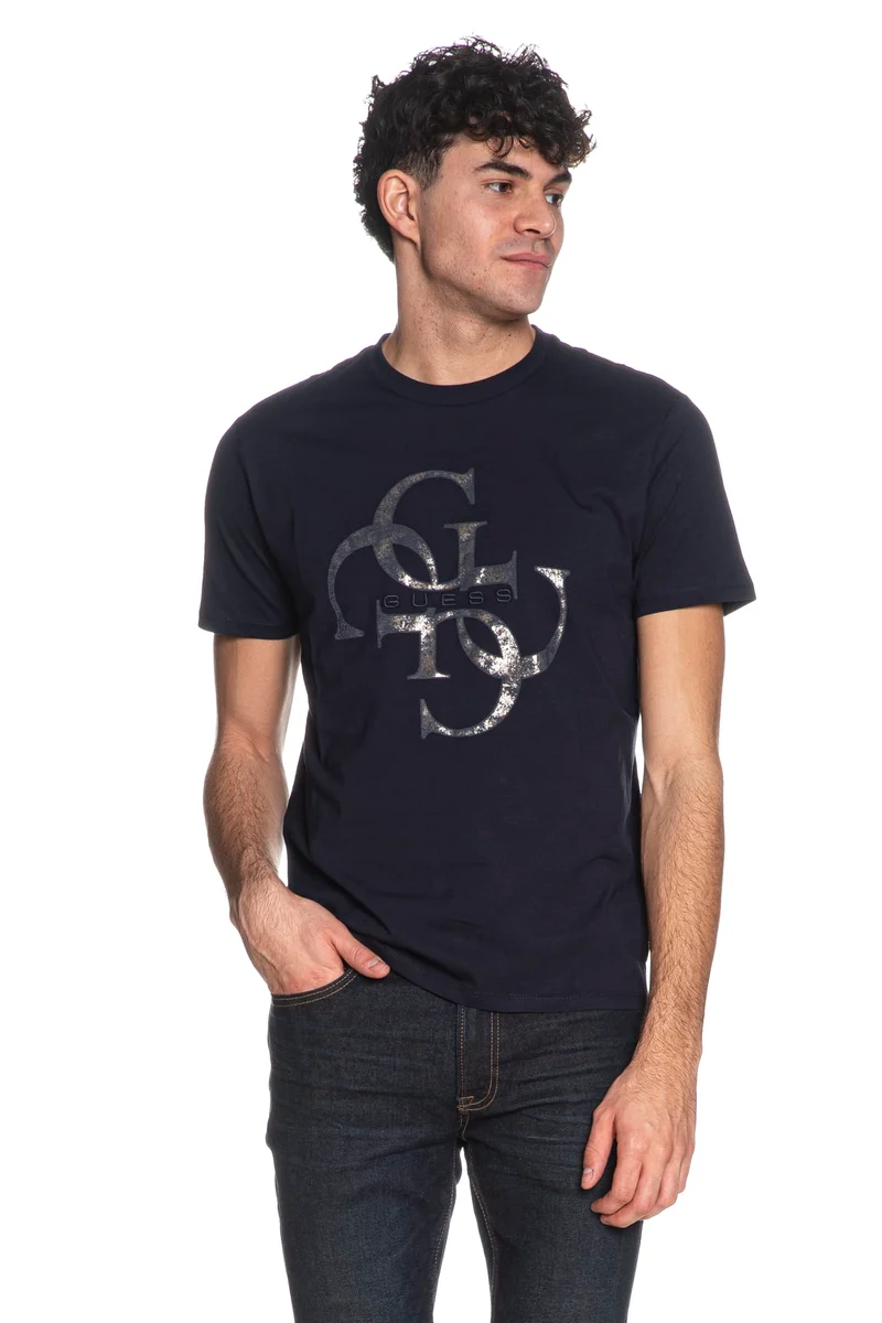 T Shirt Guess Shimmer Da Uomo Blu Navy