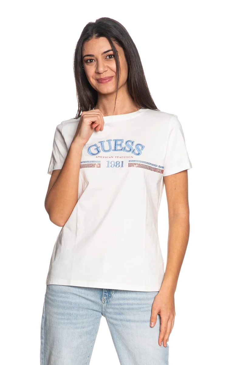T Shirt Guess Alda Ss Tee Da Donna Bianca