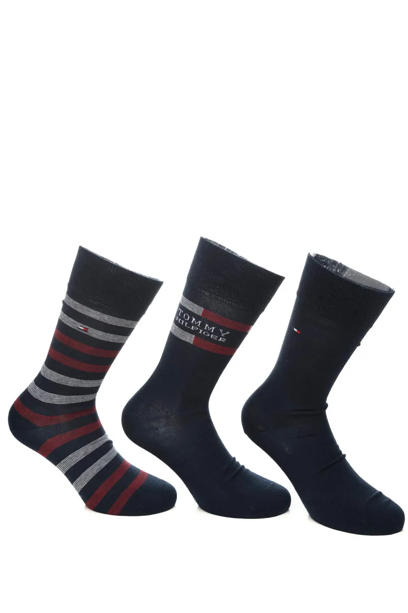 Calzini Corti Tommy Hilfiger Short Socks 3 Pack Giftbox Da Uomo Blu Unito Flag Logo Righe In Filato Di Misto Cotone