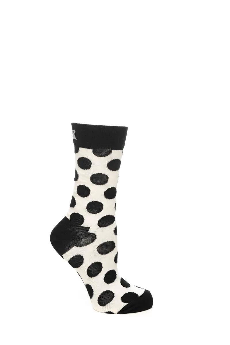 Calzino Corto Happy Socks Crew Big Dot Unisex Bianco Fantasia Grossi Pois Neri In Misto Cotone