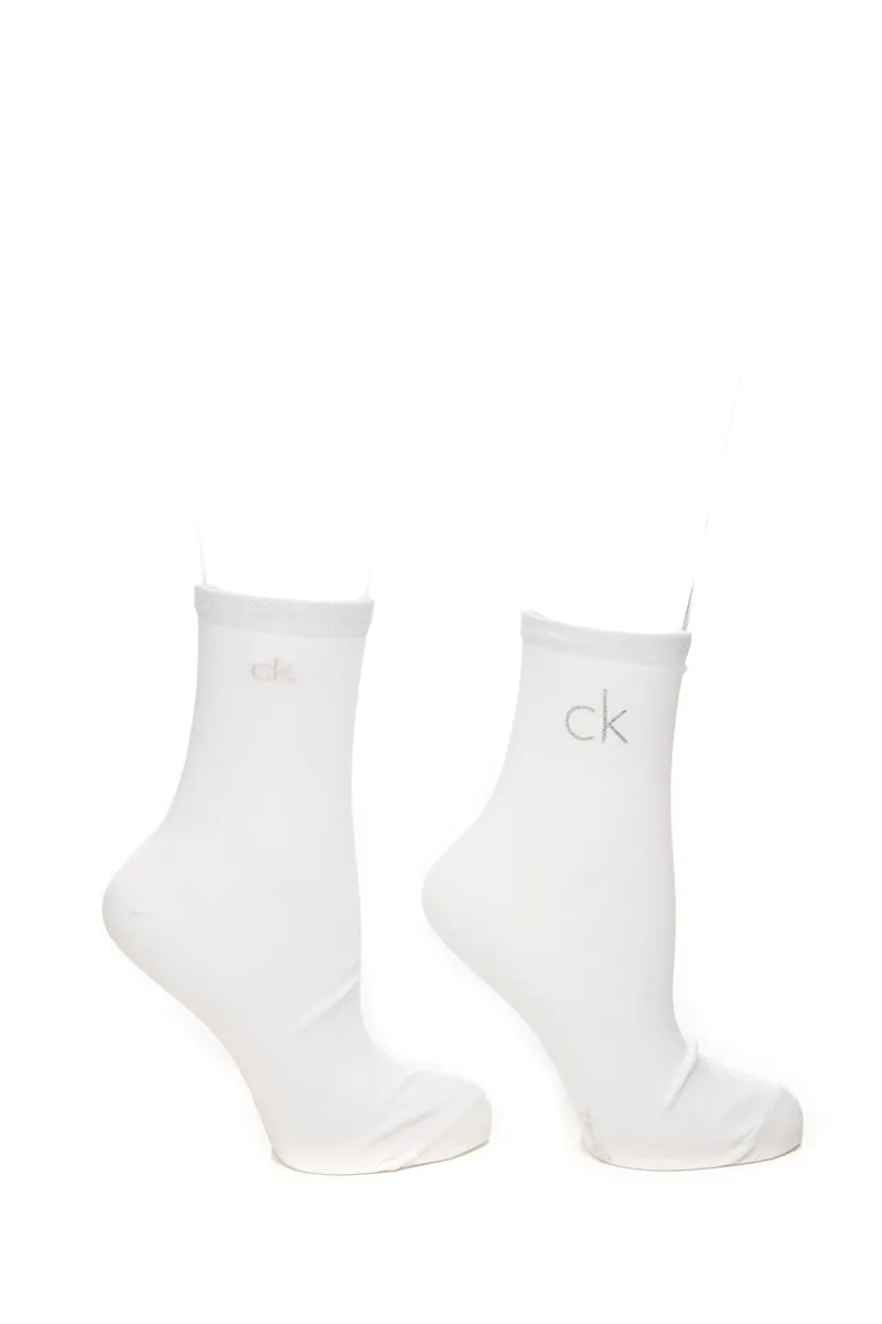 Calzini Corti Calvin Klein 2 Pack Shiny Monogram Socks Da Donna Bianco Ck Glitter Silver In Misto Cotone