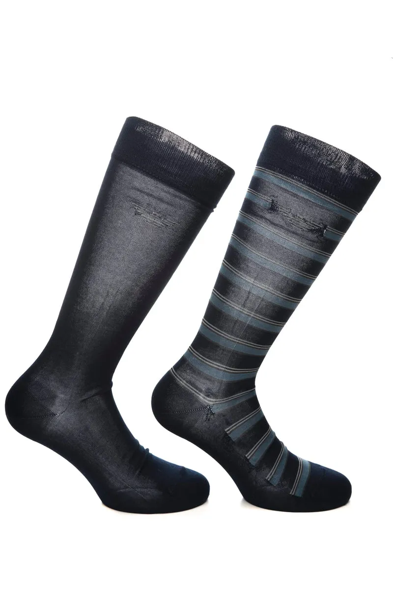 Calzini Lunghi Emporio Armani Long Socks Set 2 Pack Da Uomo Blu Unito Righe Blu Avio Scuro In Filato Di Misto Cotone