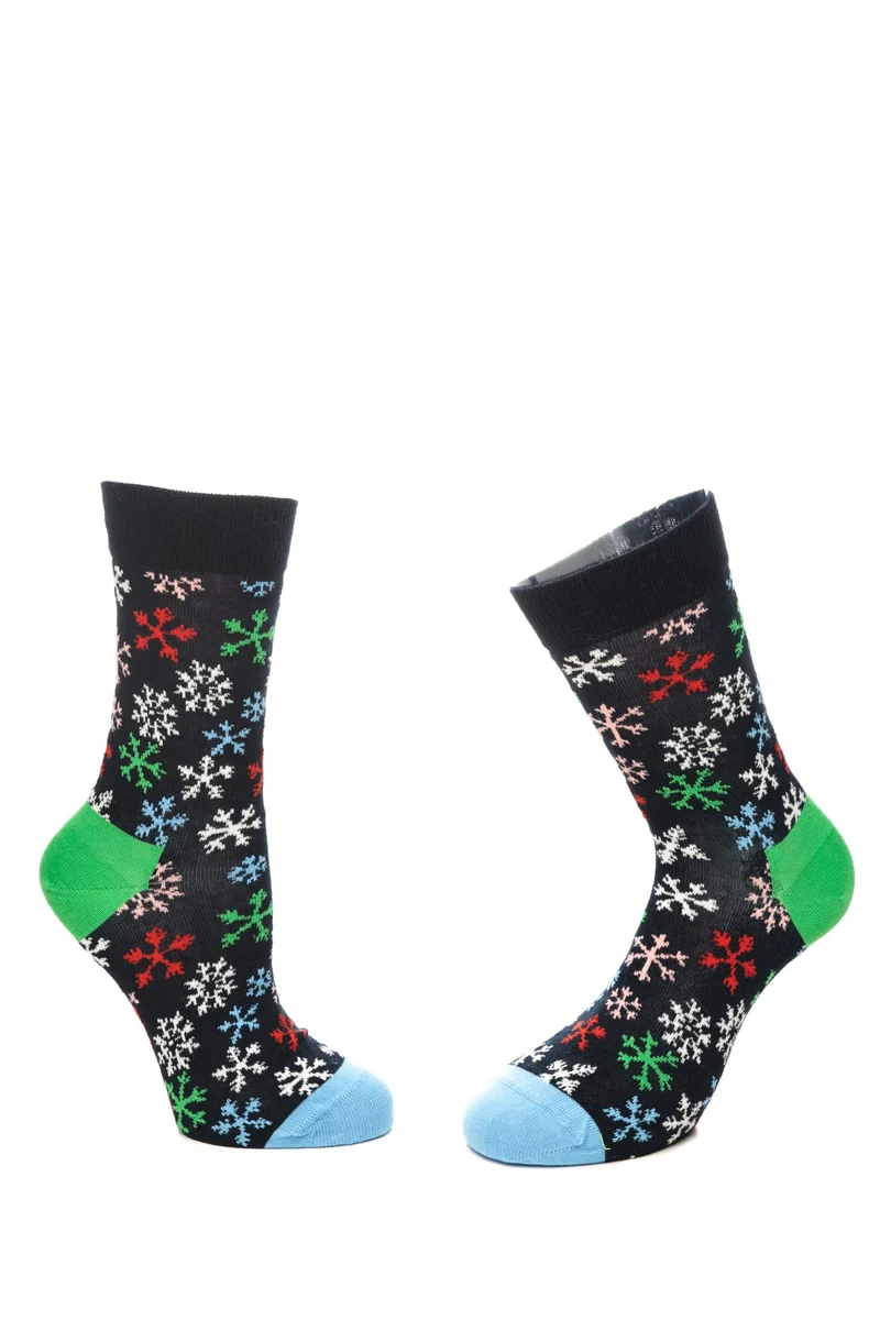 Calzino Corto Happy Socks Crew Snow Unisex Nero Fantasia Cristalli Di Neve Multicolor In Misto Cotone