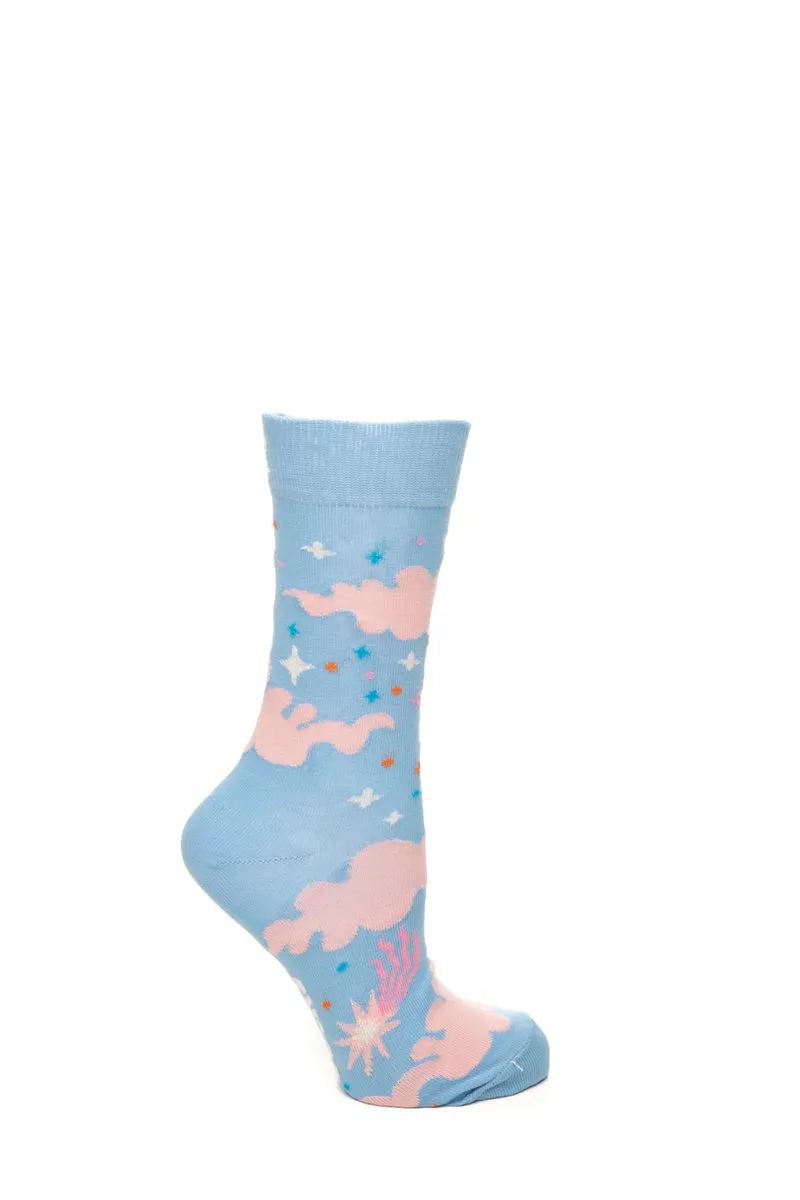 Calzino Corto Happy Socks Crew Starry Sky Unisex Celeste Fantasia Cielo Stellato Rosa Bianco Arancio In Misto Cotone