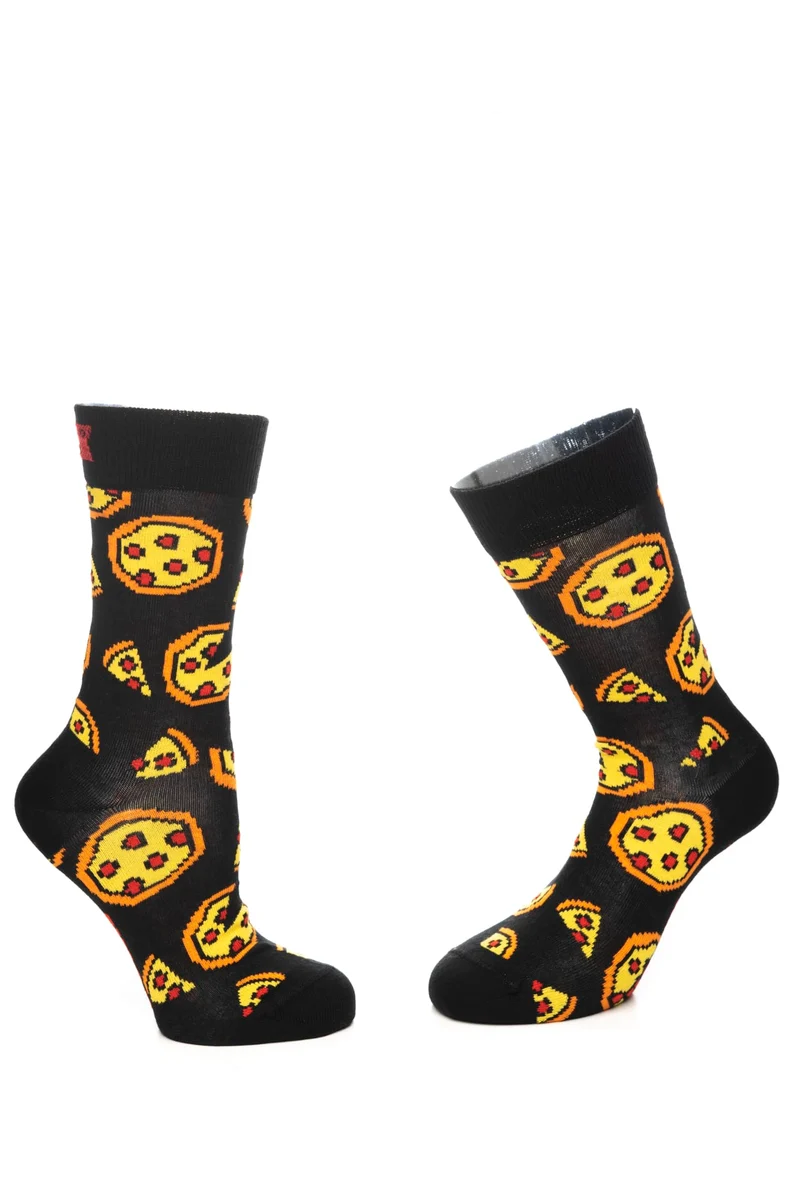 Calzino Corto Happy Socks Crew Pixelated Pizza Unisex Nero Fantasia Pizza Giallo Arancio In Misto Cotone
