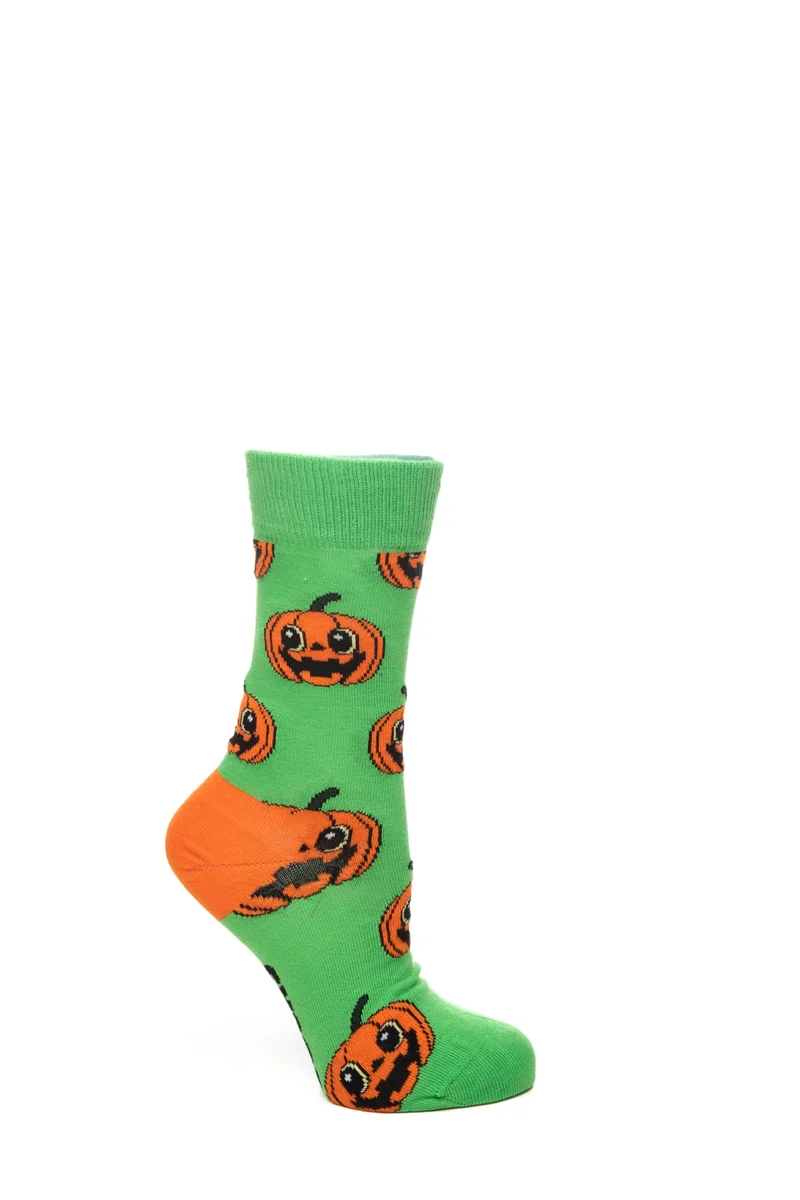 Calzino Corto Happy Socks Crew Pumpkin Unisex Verde Prato Antasia Zucche Arancio In Misto Cotone