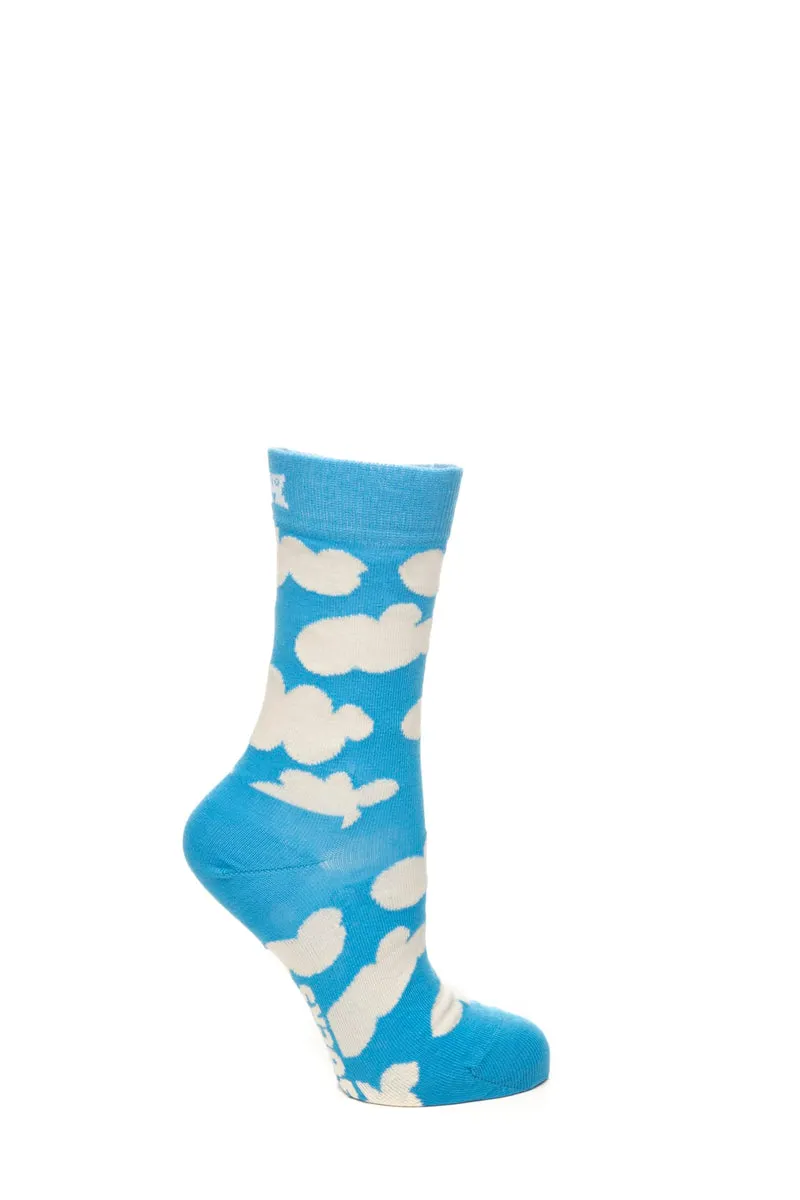 Calzino Corto Happy Socks Crew Cloudy Unisex Azzurro Fantasia Nuvole Panna In Misto Cotone