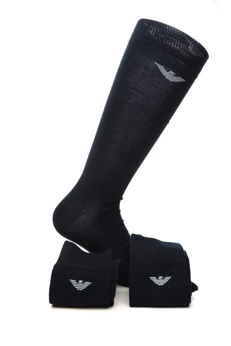 Calzini Lunghi Emporio Armani Long Socks Set 3 Pack Da Uomo Blu Monogramma Bianco In Filato Di Misto Cotone