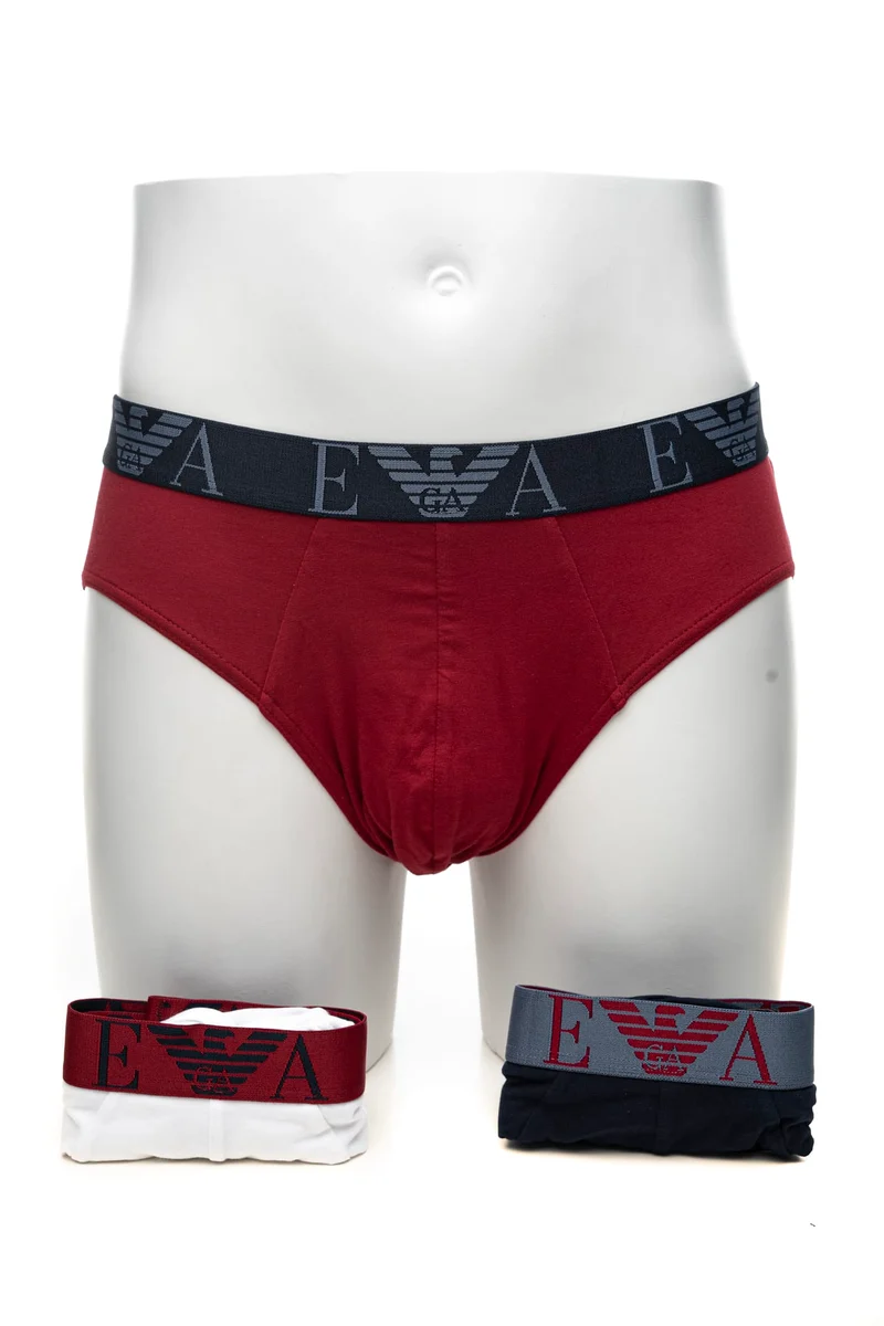 Slip Emporio Armani Brief 3 Pack Stretch Cotton Da Uomo Bianco Bordeaux Blu Marina El A Contrasto In Tessuto