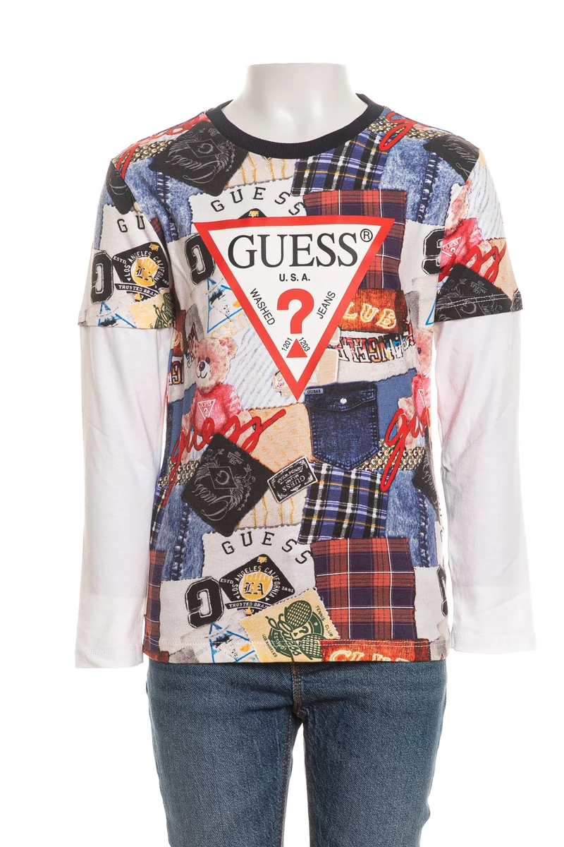 T Shirt Guess Patch Bear Ls Tee Da Bambino Stampa Patch E Orsetti Bianco Blu Multicolor