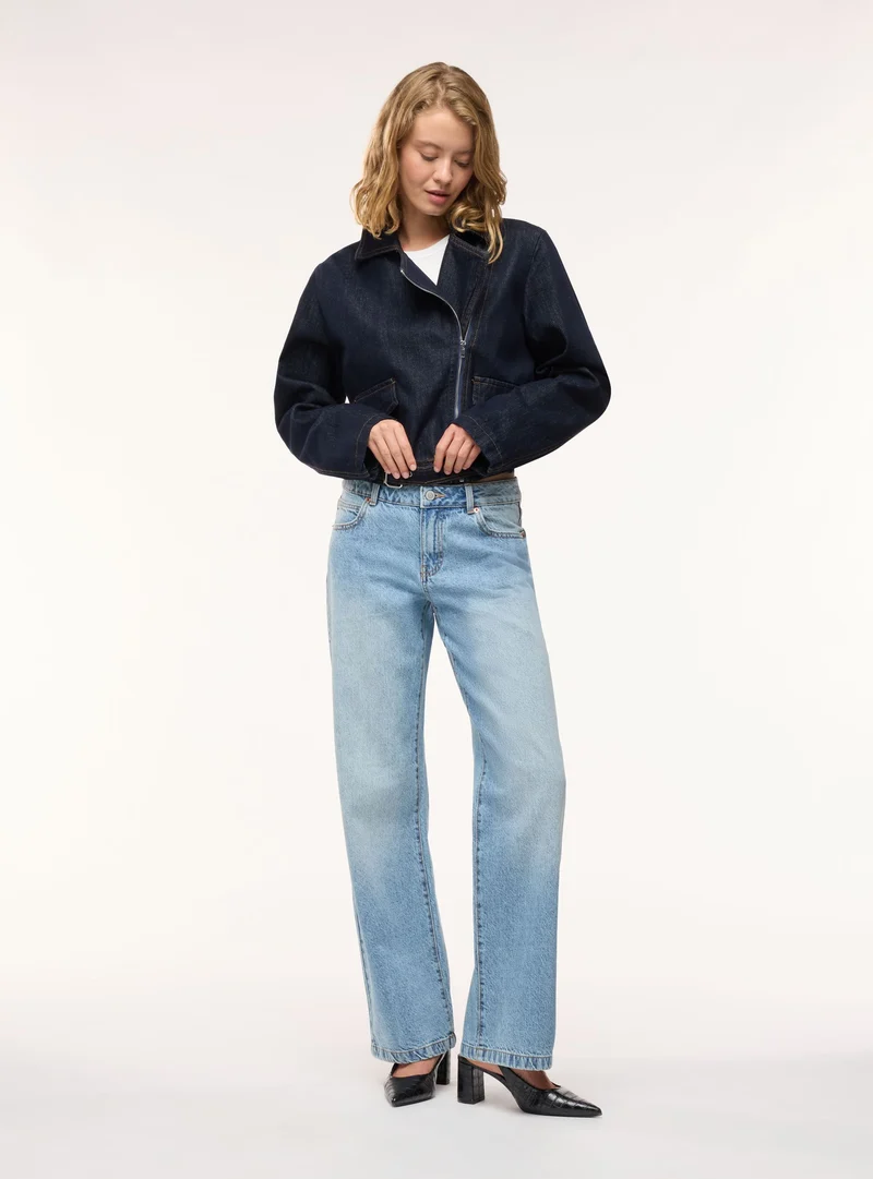 Giacca biker in denim con zip diagonale e cintura