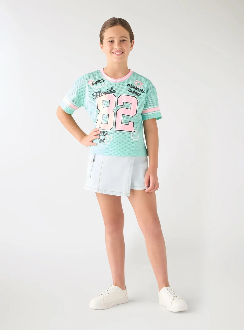 T-shirt a rete con stampa college