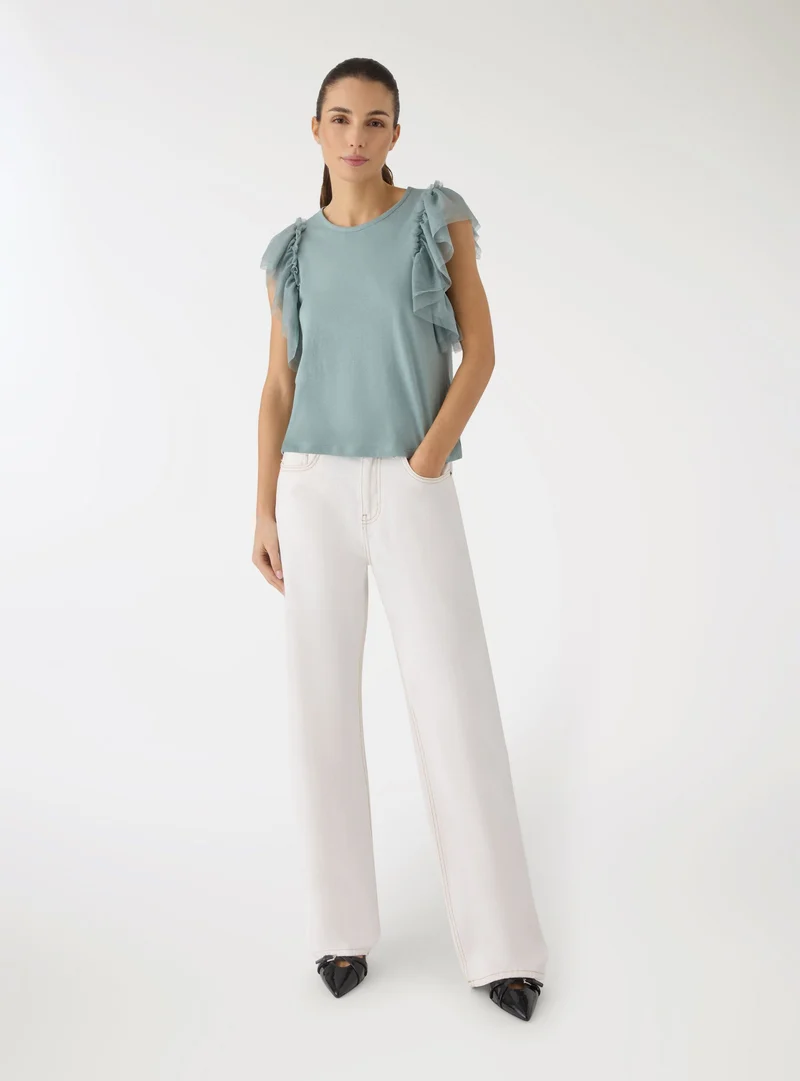 T-shirt con maniche a balze in tulle