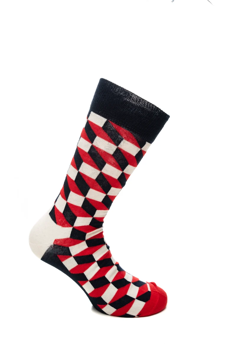 Calzino Corto Happy Socks Crew Filled Optic Da Uomo Fantasia Optical Dark Blu Rosso Latte In Filato