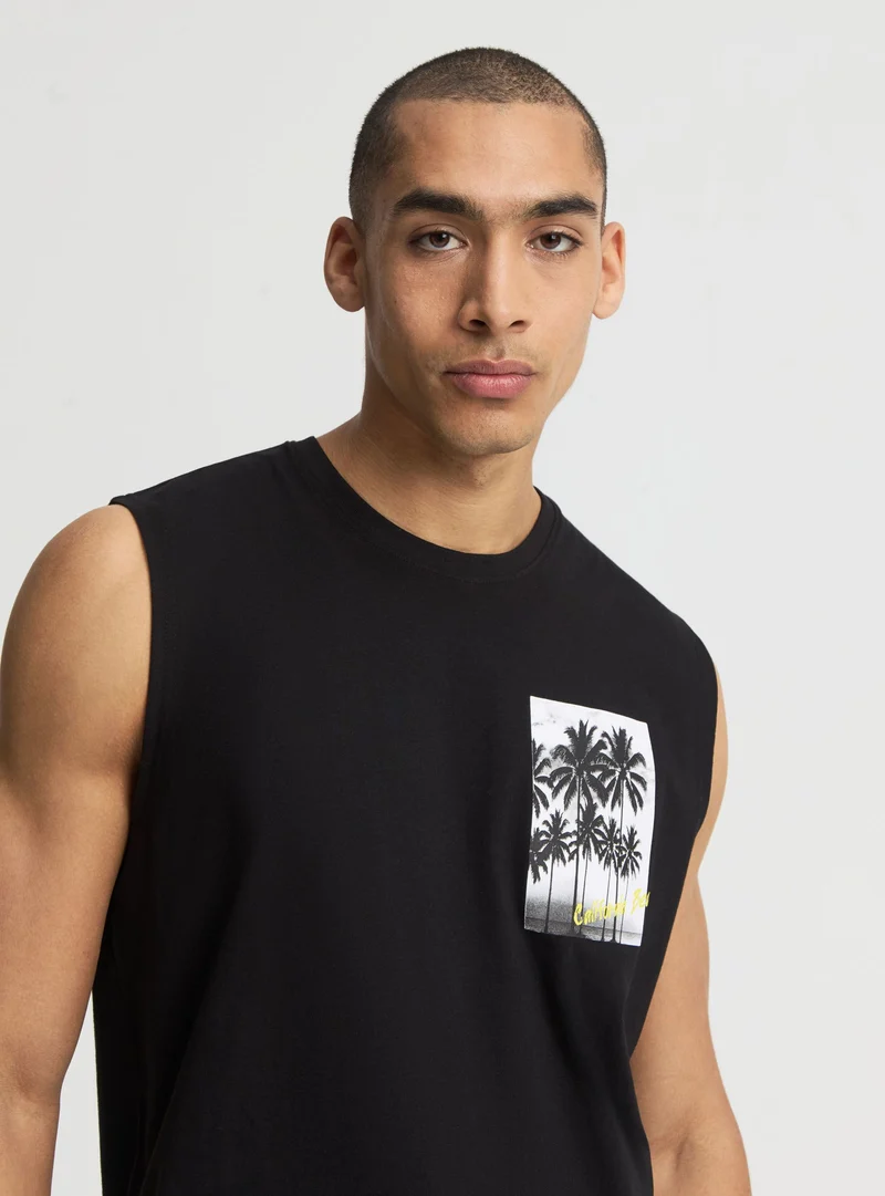T-shirt smanicata con stampa palme fronte e retro