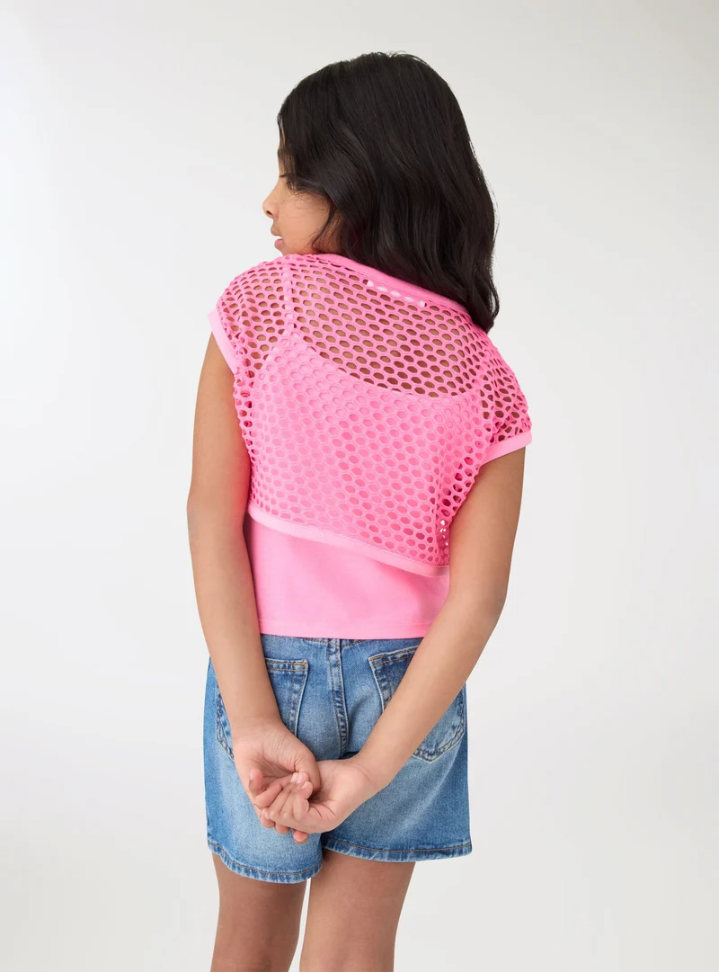 T-shirt crop doppiata con rete