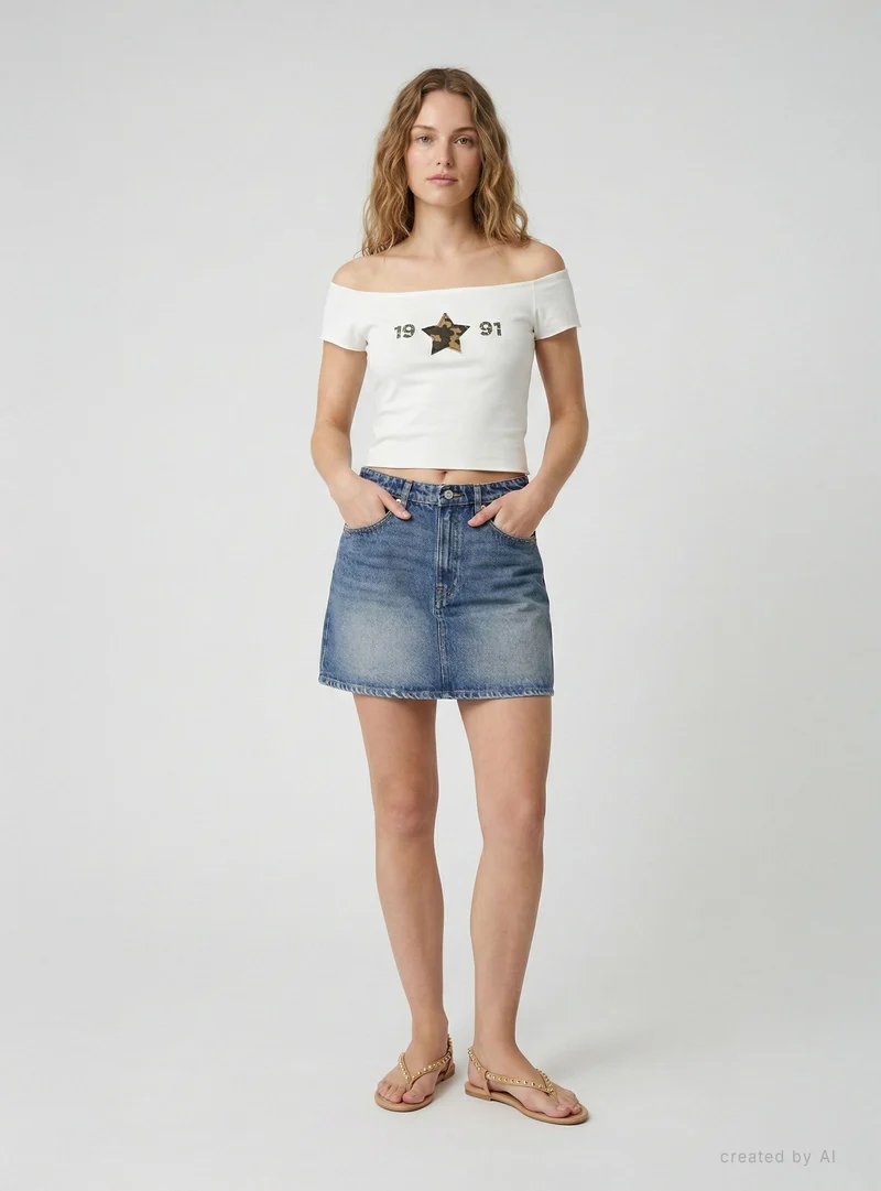 T-shirt crop con spalle scoperte e patch stella