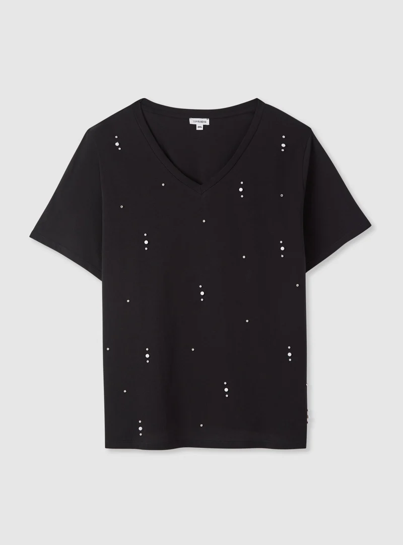T-shirt con scollo a V e applicazioni