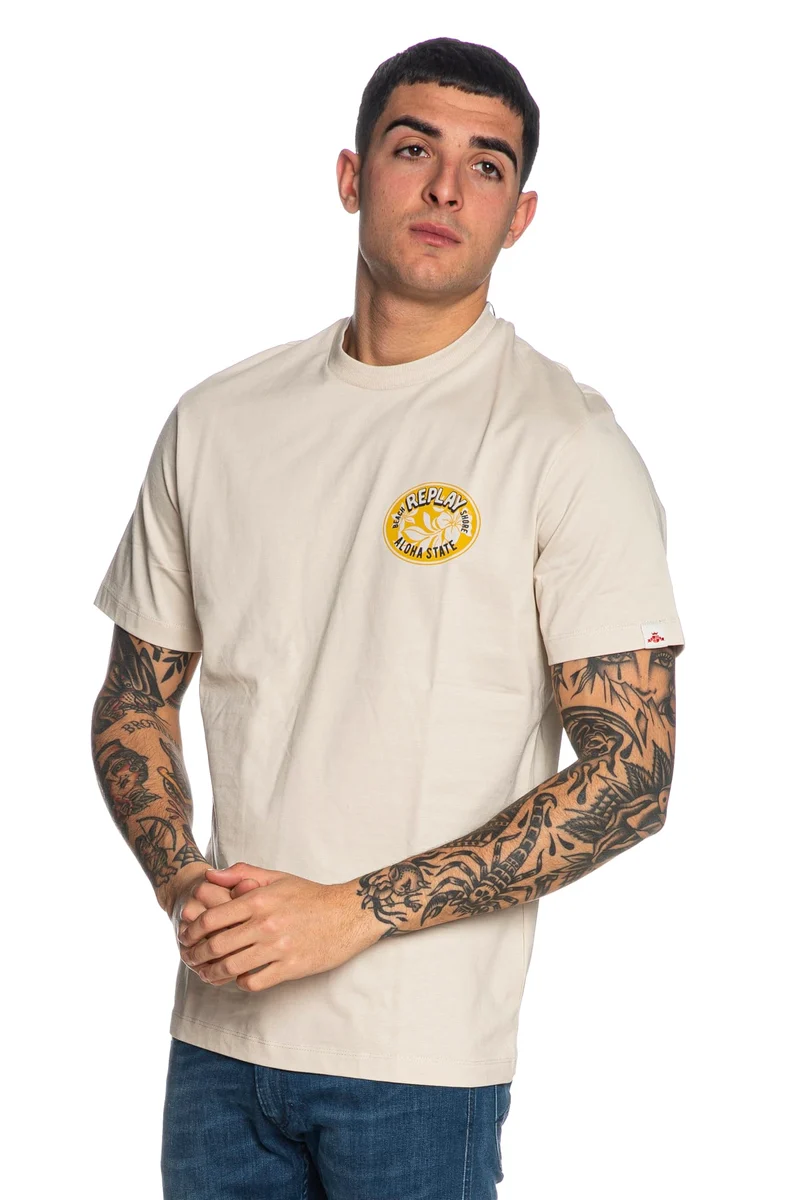 T Shirt Replay Paradise Island Tee Da Uomo Light Beige