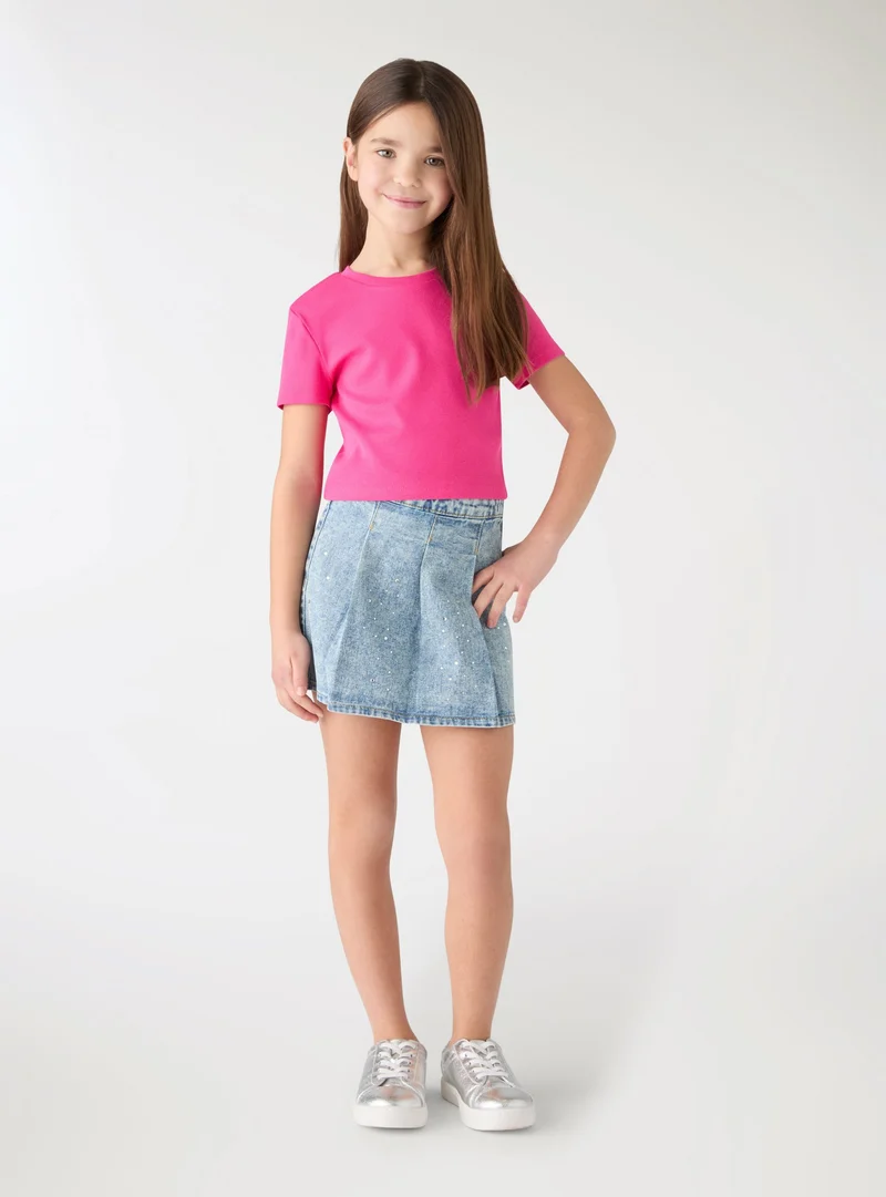 T-shirt crop a costine a tinta unita
