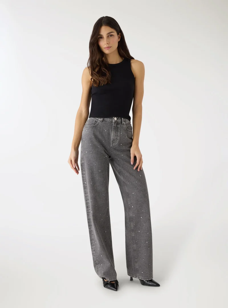 Jeans wide leg con strass