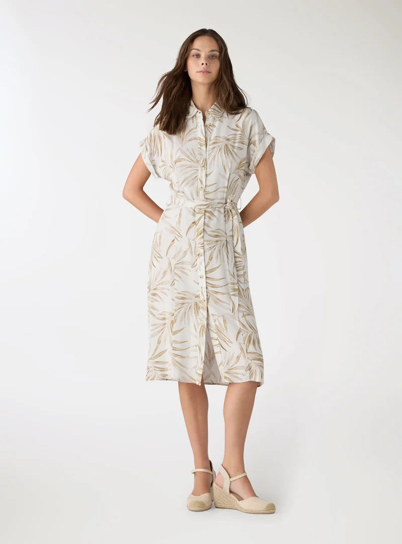 Vestito chemisier con stampa foglie e cintura