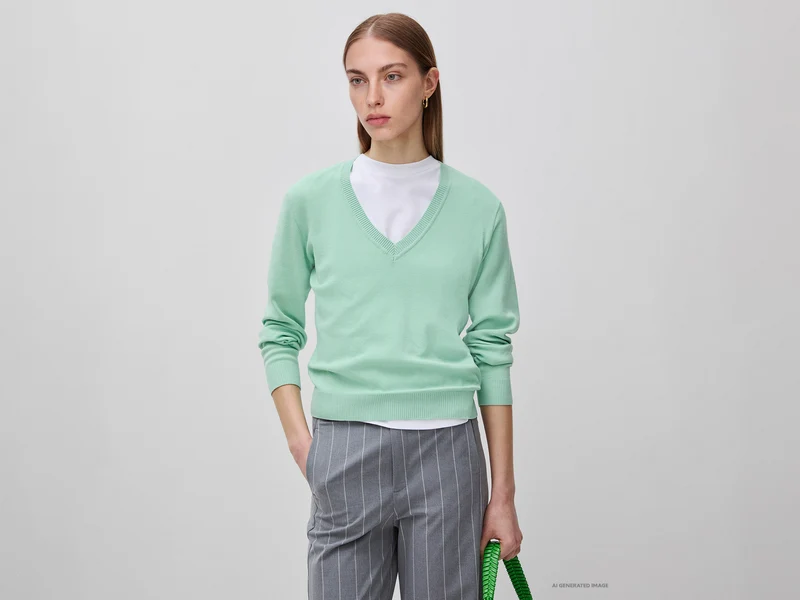 Maglia verde salvia in cotone tricot con scollo a V