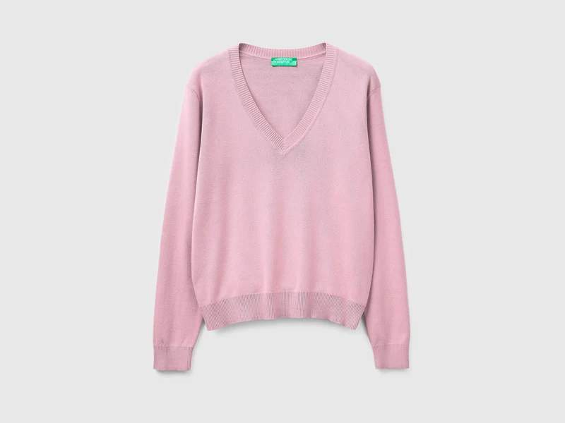 Maglia rosa in cotone tricot con scollo a V