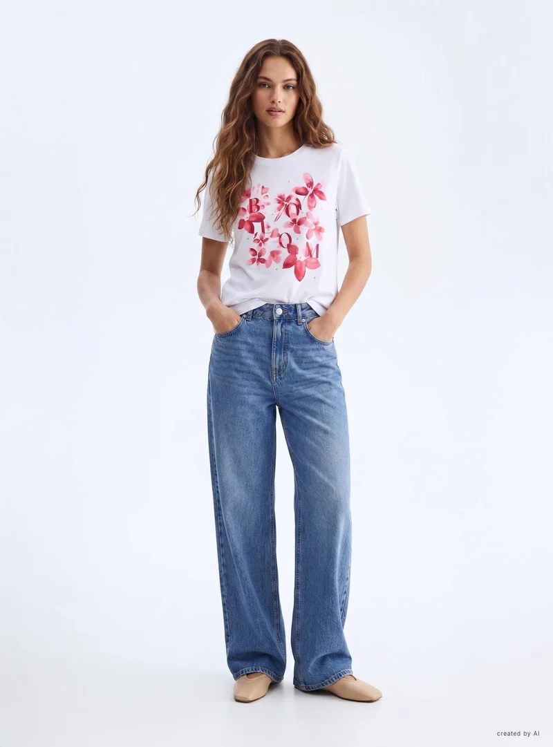 T-shirt con stampa fiori e strass