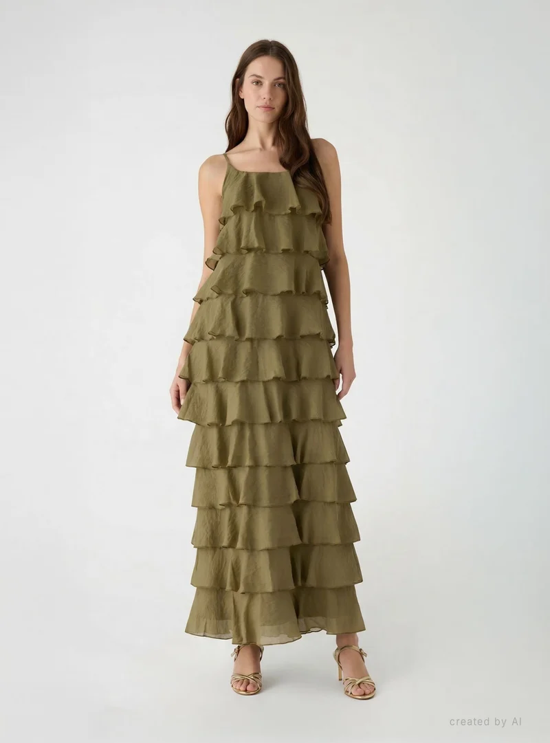 Vestito lungo con balze e spalline sottili
