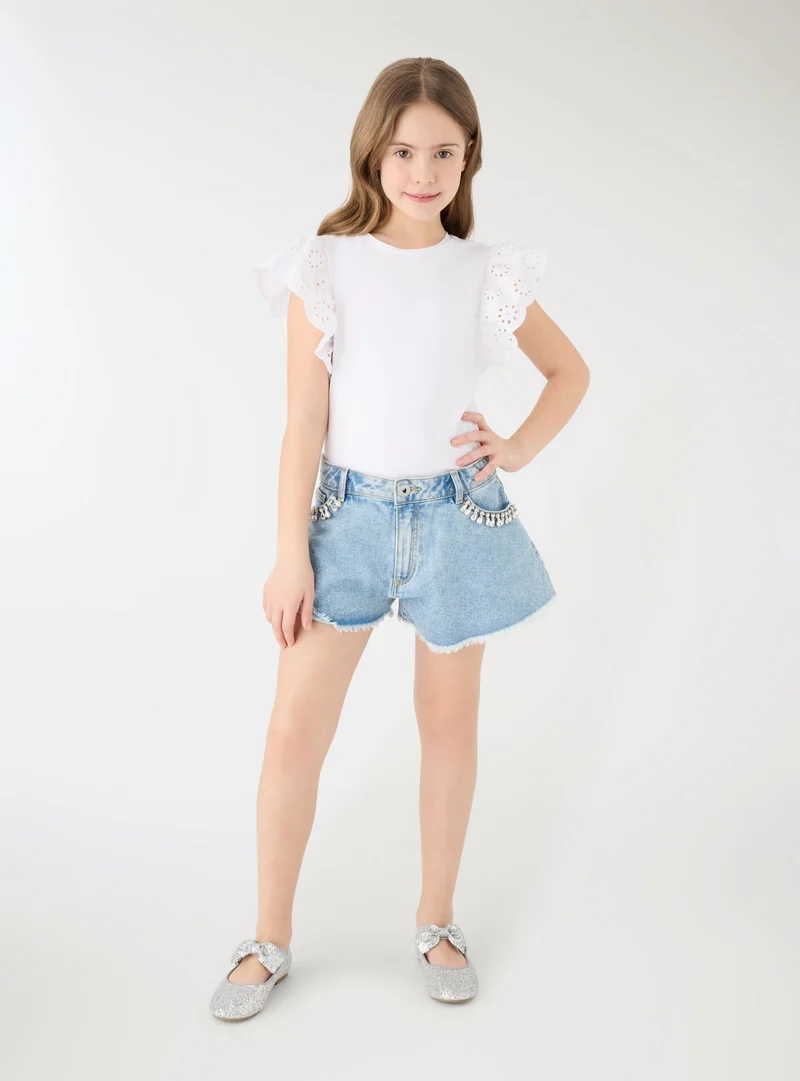Shorts jeans con applicazioni gioiello