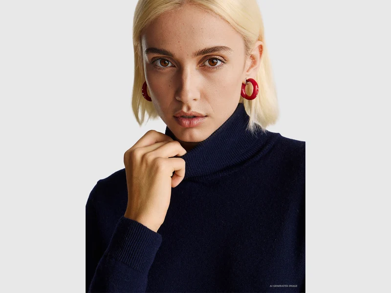 Maglione dolcevita blu scuro in pura lana Merino