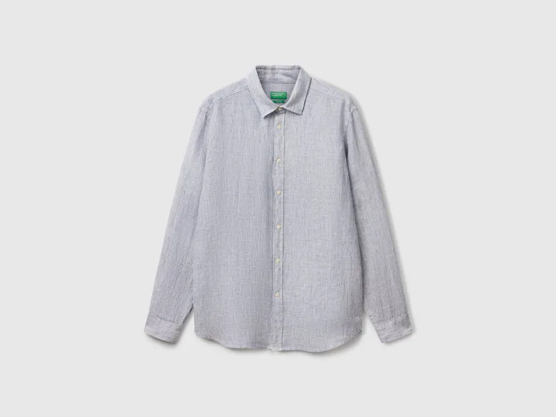 Camicia blu a righe in puro lino
