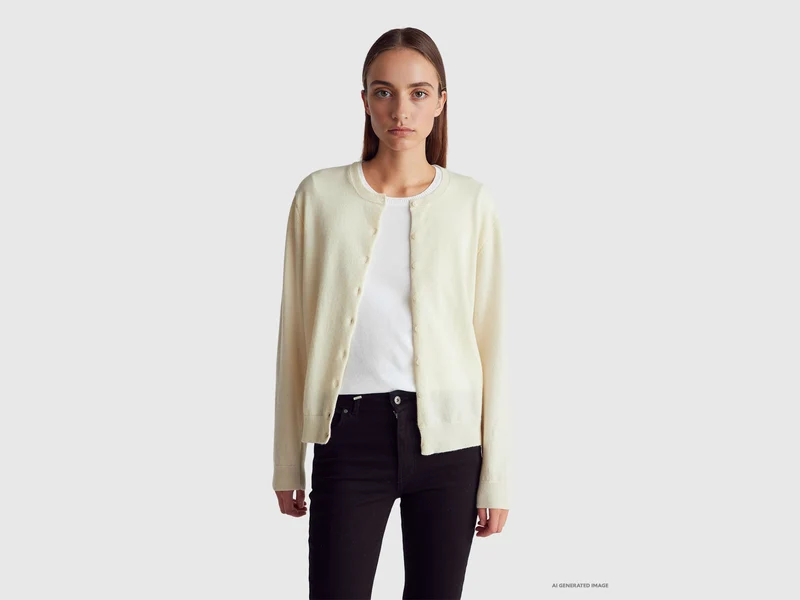 Cardigan girocollo panna in pura lana Merino