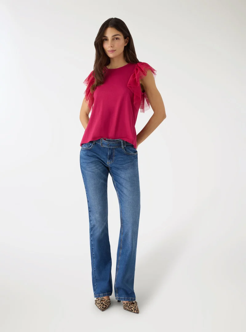 T-shirt con maniche a balze in tulle