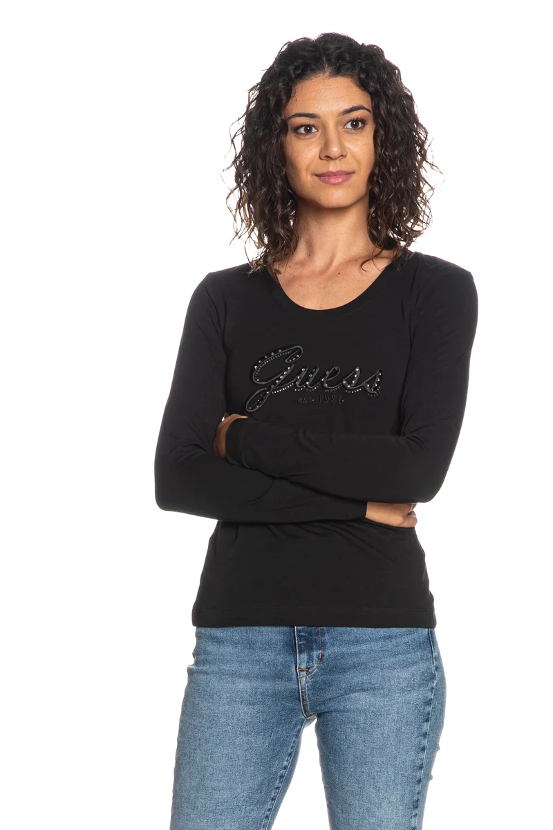 T Shirt Guess Emb Script Ls Tee Da Donna Nera