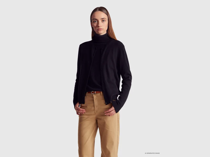 Cardigan girocollo nero in pura lana Merino