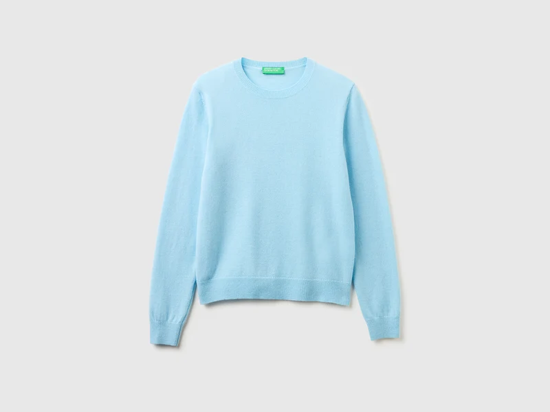 Maglia girocollo celeste in pura lana Merino