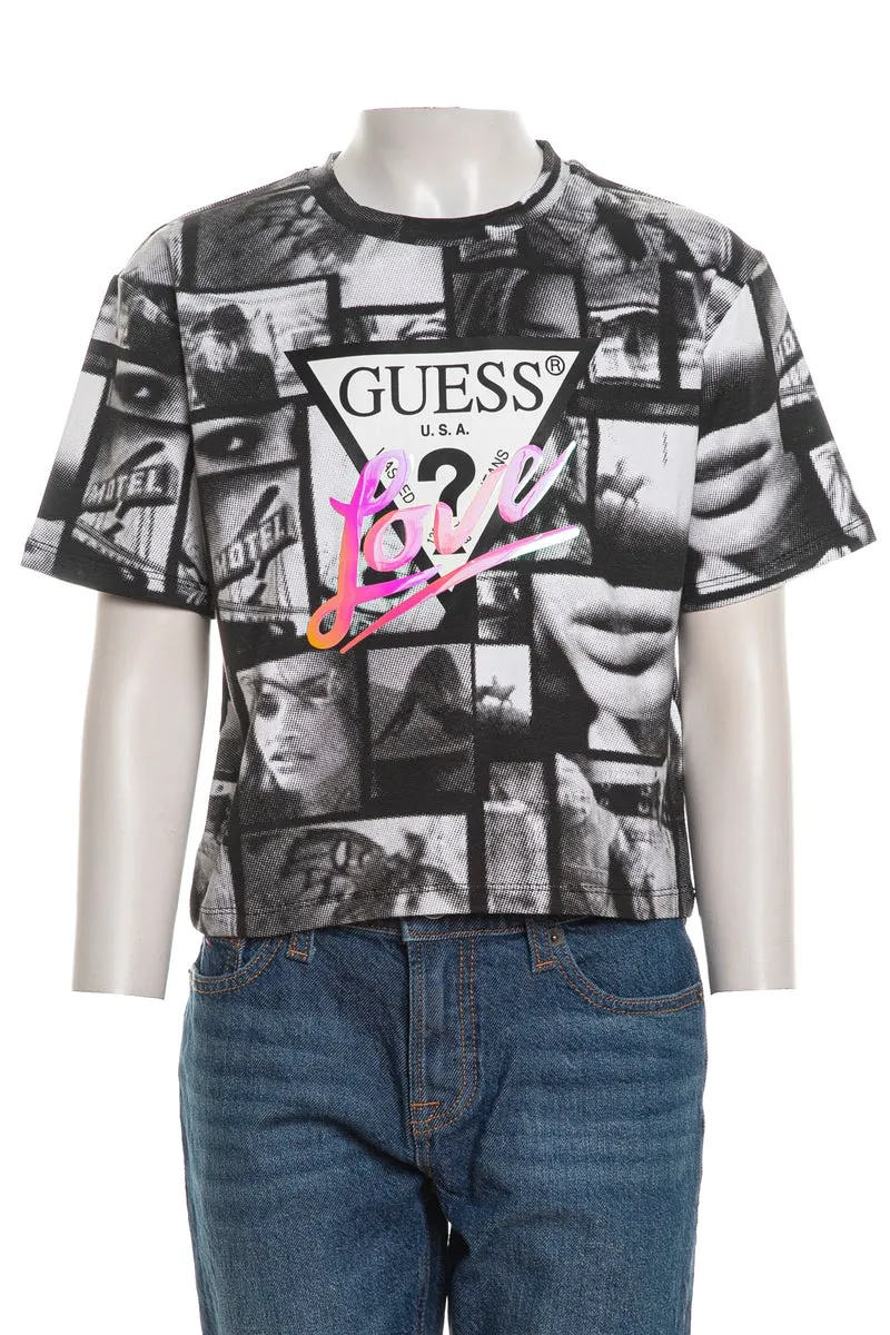 T Shirt Guess Cr Active Tee Da Bambina Stampato Patch Foto Bianco Nera