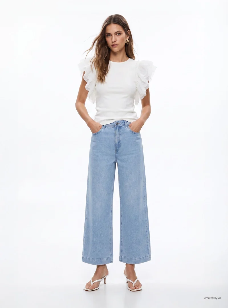 T-shirt con maniche a balze in tulle