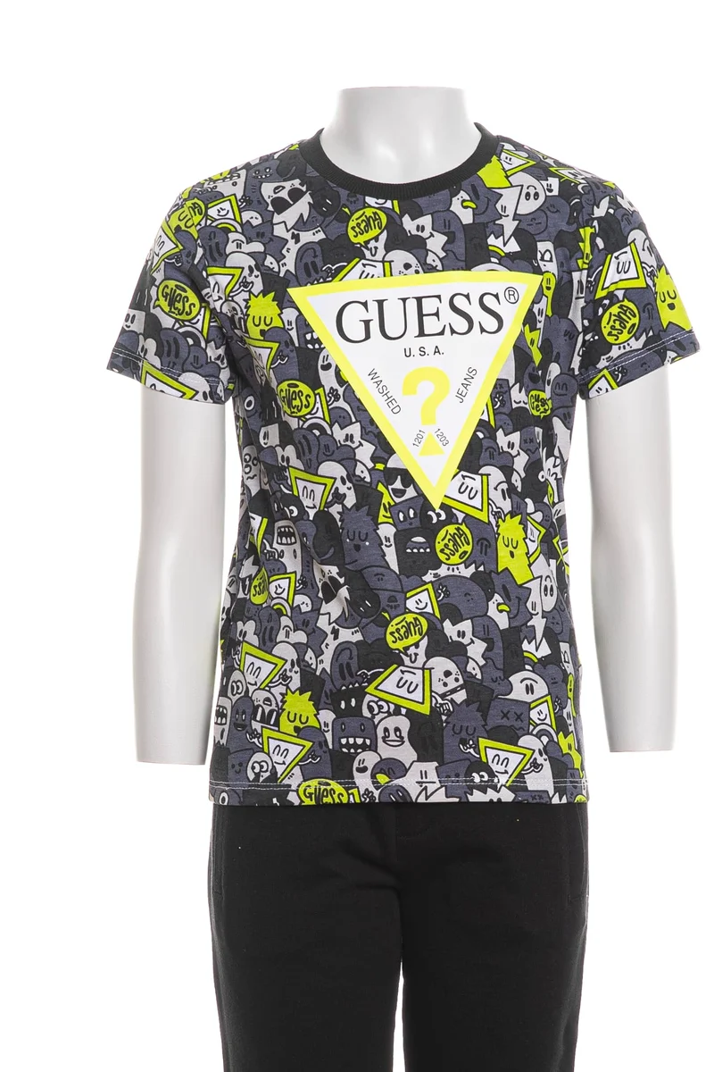 T Shirt Guess Ghost Ss Crew Kids Tee Da Bambino Stampa Fantasmini Antracite Bianco Lime