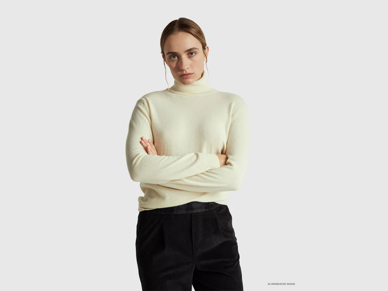 Maglione dolcevita panna in pura lana Merino