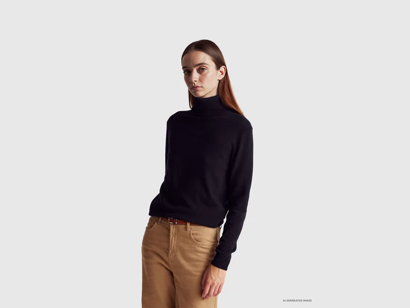 Maglione dolcevita nero in pura lana Merino