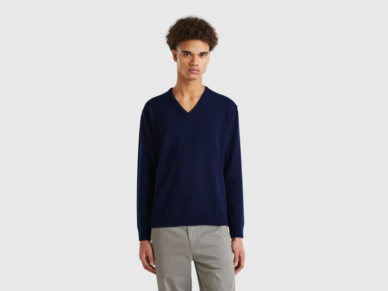 Maglia scollo a V blu scuro in pura lana Merino