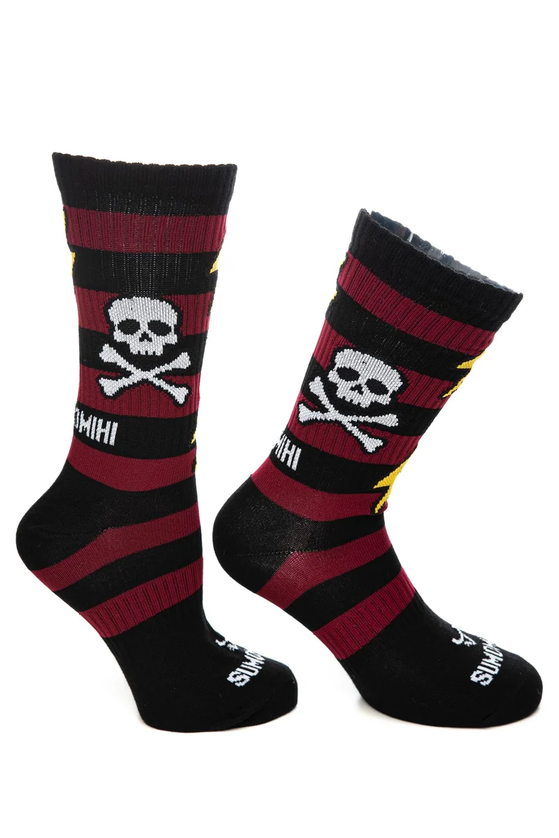 Calzino Sumomihi Rebel Sock Unisex Nero Fantasia Teschi E Fulmini Bordeaux Bianco Giallo In Filato