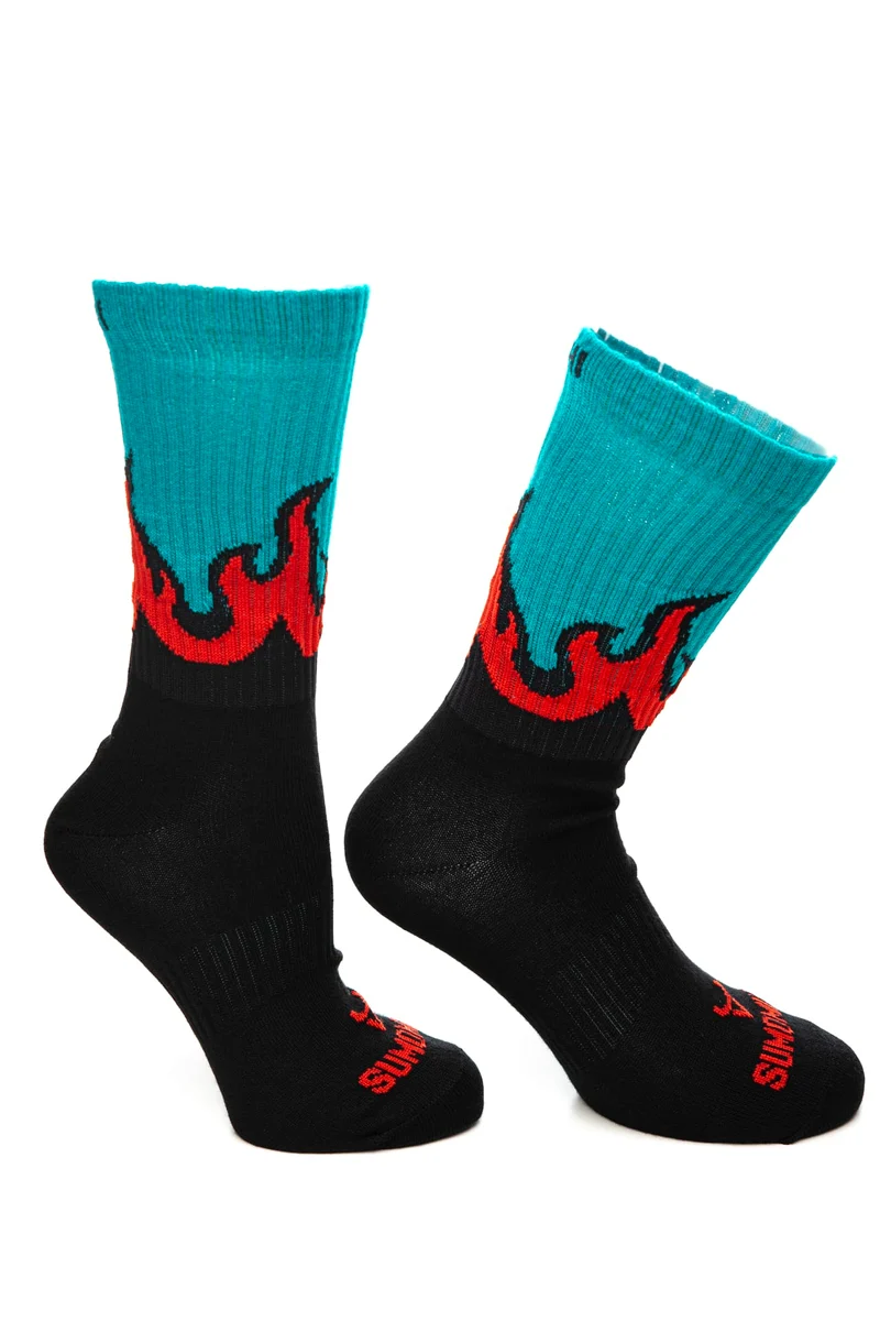 Calzino Sumomihi Flame Teal Green Sock Unisex Nero Fantasia Fiamme Turchese Rosso In Filato