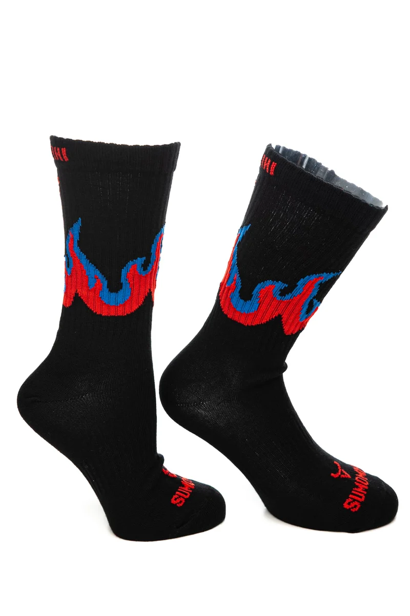 Calzino Sumomihi Flame Black Sock Unisex Nero Fantasia Fiamme Blu Rosso In Filato
