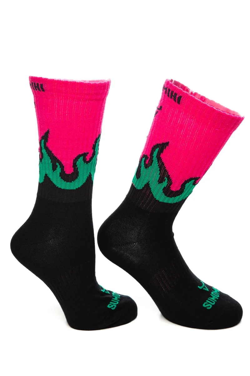 Calzino Sumomihi Flame Fuchsia Sock Unisex Nero Fantasia Fiamme Fuxia Verde In Filato