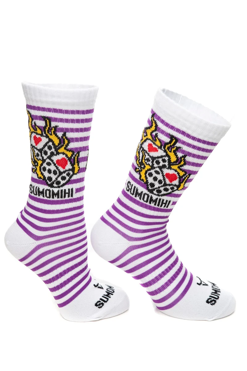 Calzino Sumomihi Dice On Fire Sock Unisex Bianco Fantasia Rigata Dadi In Fiamme Viola In Filato