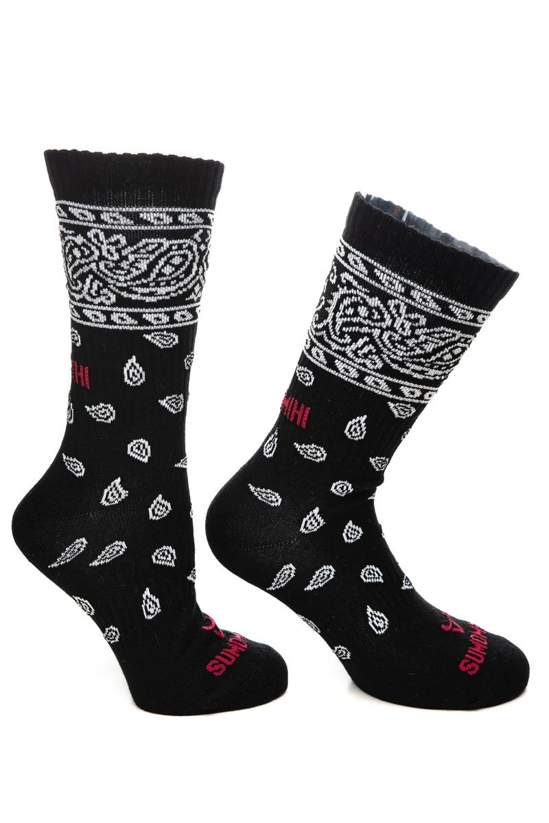 Calzino Sumomihi Bandana Black Sock Unisex Nero Fantasia Bandana Paisley Bianco In Filato